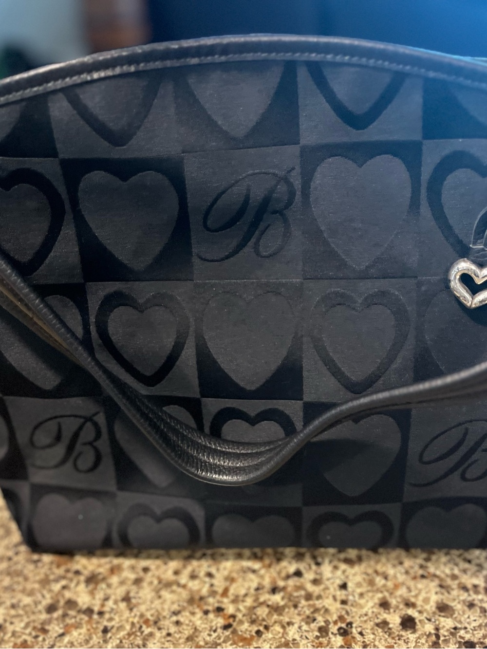 Brighton Black Heart-Pattern Shoulder Bag with Silver Heart Charm